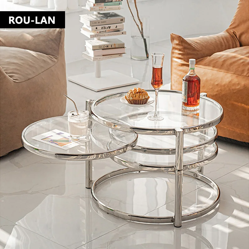 Tempered Glass Coffee Table Household Stainless Steel Tea Table Light Luxury Living Room With Movable Rotating Edge Table
