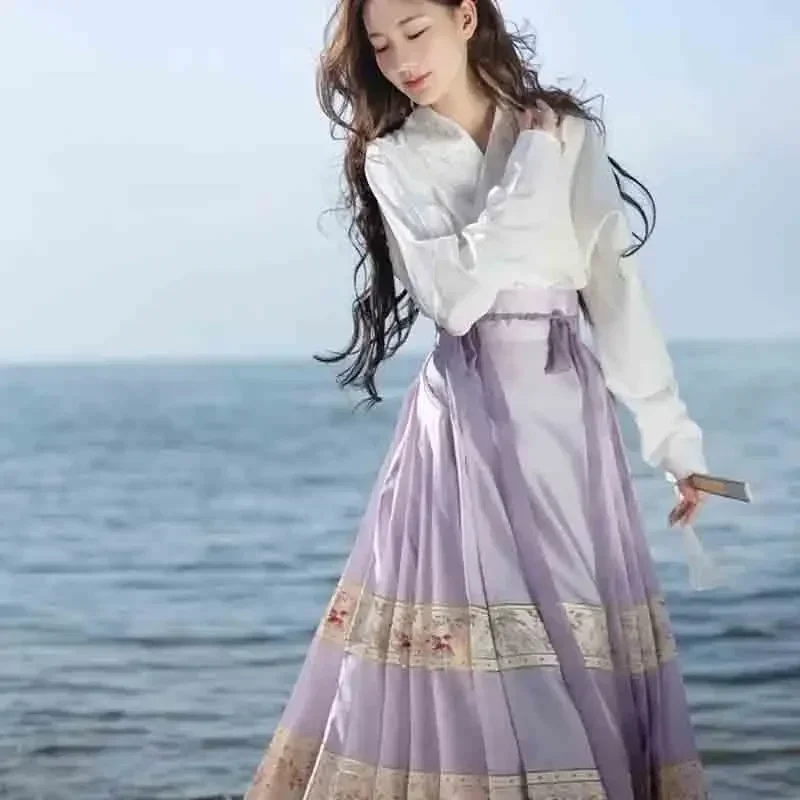 Retro จีนปรับปรุงโบราณ Hanfu สไตล์ Ma Mian กระโปรงเสื้อหลวมชุดยาว 2 ชิ้นชุดสําหรับผู้หญิงทุกวัน Hanfu ชุด