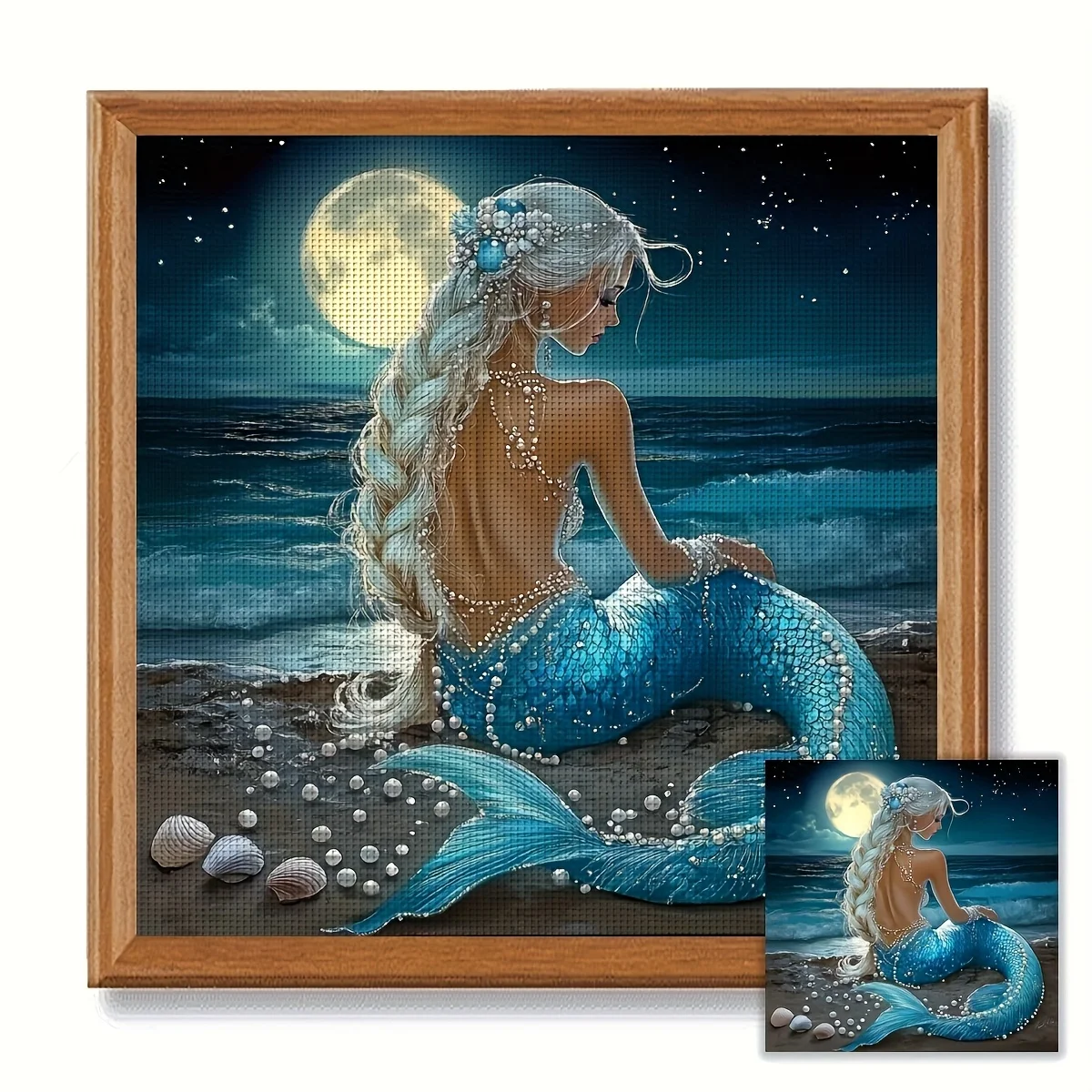 1PC 36X36cm/14.17X14.17inch, 11CT Print Cross Stitch DIY Kit, Moonlit Mermaid, Adult Beginner's Relaxed Cross Stitch