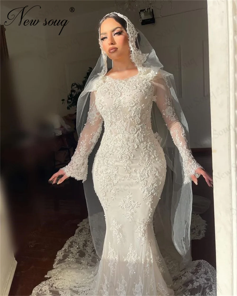 Robe de Mariée Sirène Blanche à Manches sulf, Tenue Musulmane Élégante avec Perles et Appliques, pour Patients