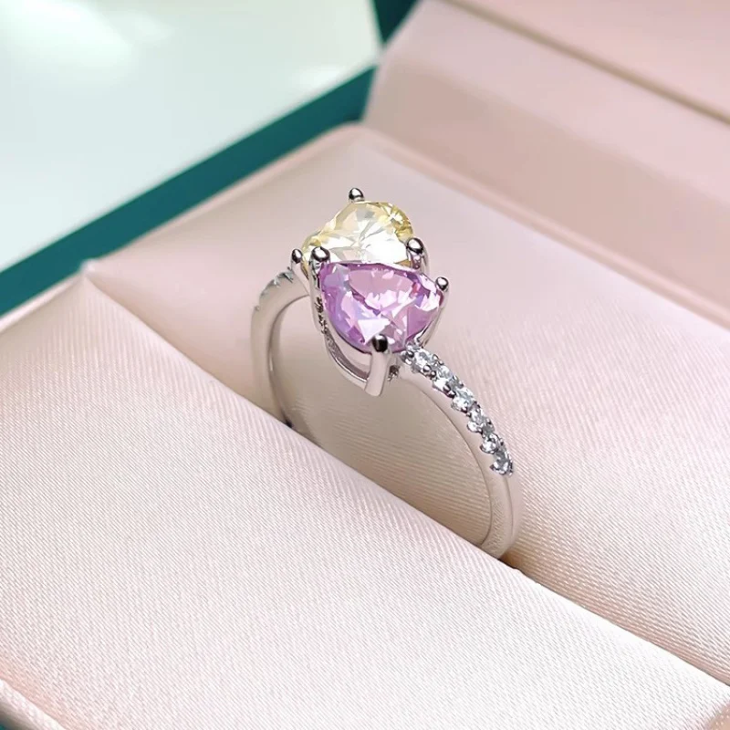 2026 Hip-Hop Style Jewelry - Pink Diamond Heart-shaped Sterling Silver Ring - Adjustable - Women's Engagement and Proposal Jewel