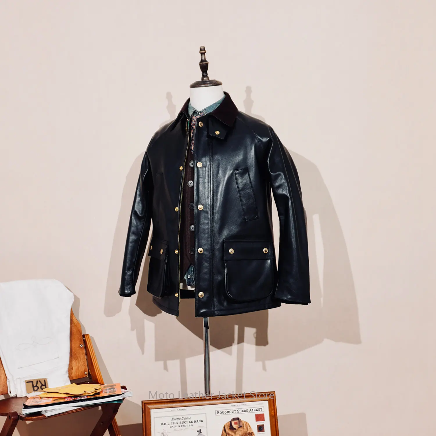 Men Classic Urban Commute American Horsehide Leather Jacket Ashby Style British Retro Hunting Utility Genuine Leather Coat