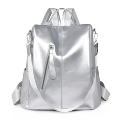 Sac à Dos de Luxe en Cuir Souple Argenté avec Multi-Fermeture Éclair, Cartable de Styliste de Haute Qualité pour Femme et Fille, 50