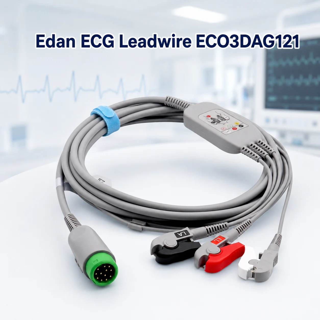 EC03DAG121 3-Lead ECG Cable 12-Pin AHA Clip Defibrillation-Proof Non-Sterile ISO Certified Patient Accessory