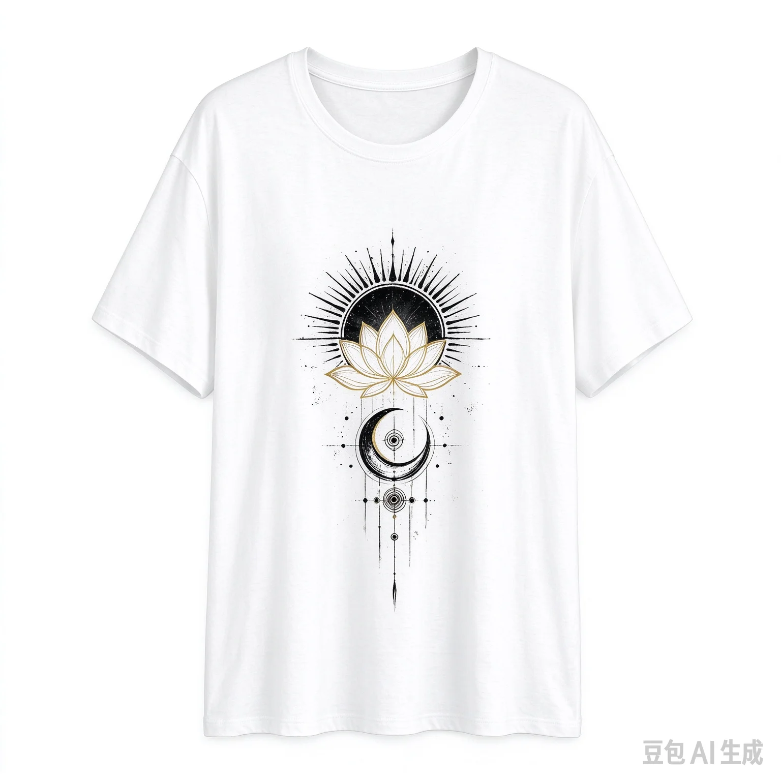 Sacred Geometry Sun Moon Lotus Print T-shirt Bohemian Meditation Oversized Cotton Tshirt