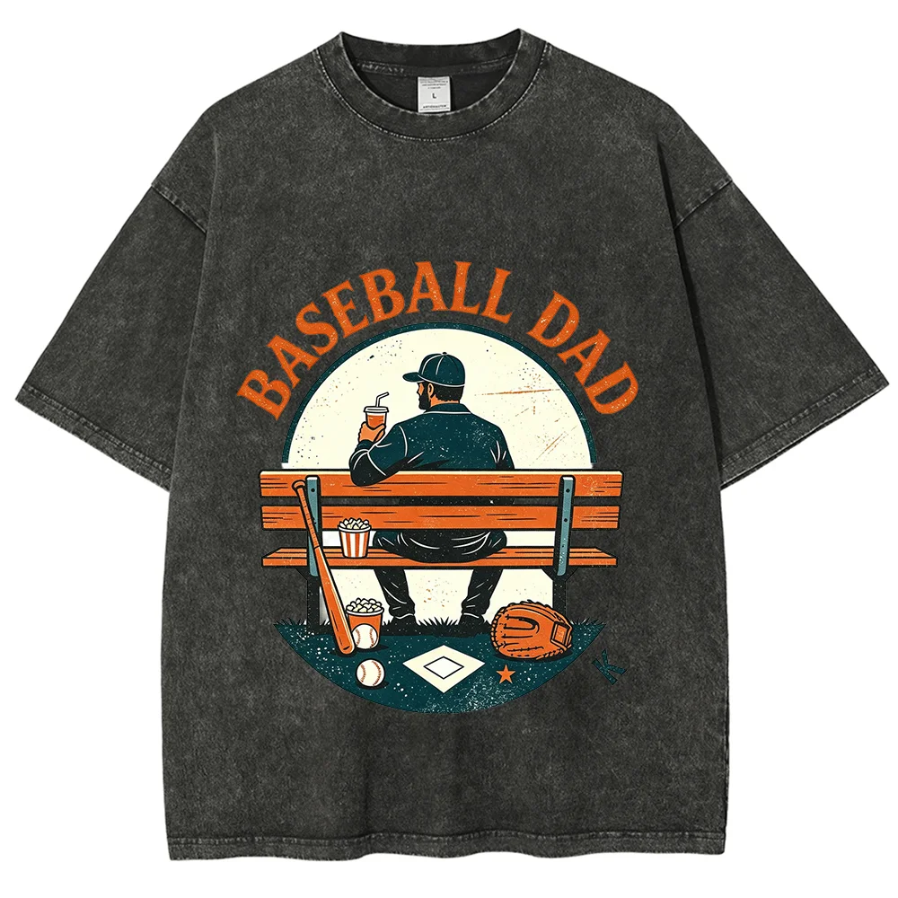 Baseball Dad T Shirt Vintage Washed Green Graphic Tees Oversized Cotton Short Sleeve Tops Father Day Gift Sports Fan Men