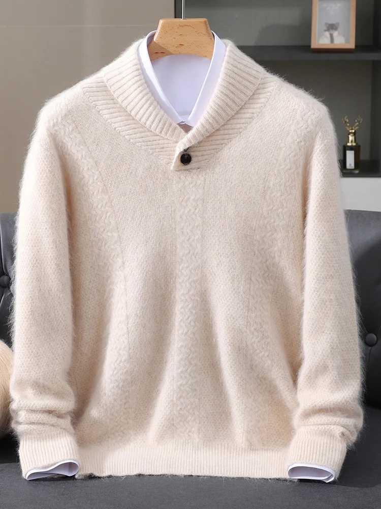 TLOML Men's 100% Mink Cashmere Sweater Shawl Collar Pullover Autumn Winter Basic Smart Casual Cashmere Knitwear Soft Comfy Tops