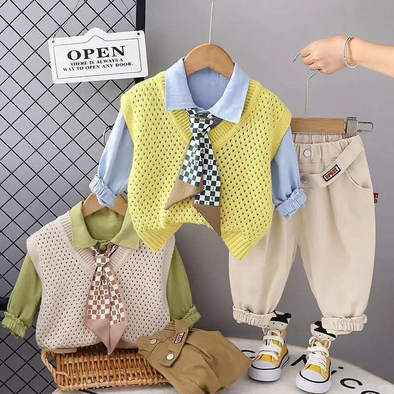 

Boys Clothes Sets Spring Autumn Children Knitted Vest Tie Shirts Pants 3pcs Party Suit For Baby Costume Kids Fashion Outfits 6Y