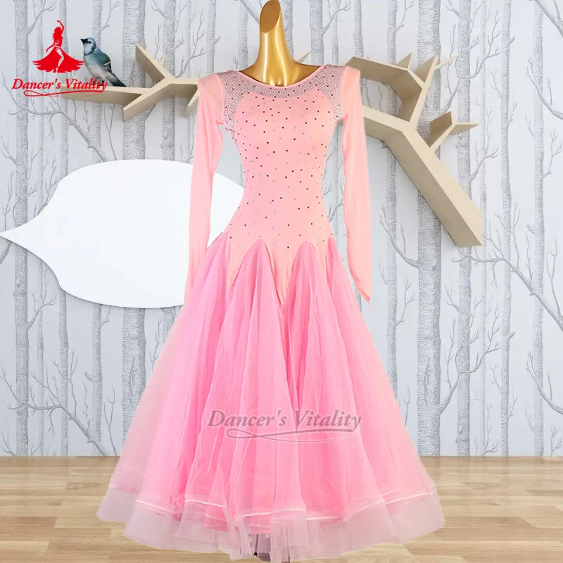 Waltz Foxtrot Roze Lange Mouwen AB Stenen Moderne Jurk Danser Vitaliteit Volwassen Vrouwen Sociale Dans Kunst Onderzoek Kleding Custom