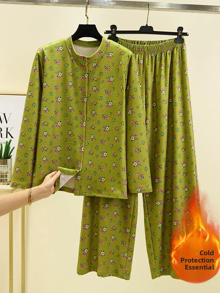 

Loose Fit Floral Print Cardigan And Pants Set Women's Home Clothes Ensemble with Stand Collar Long Sleeve Fleece Lined Sleepwear