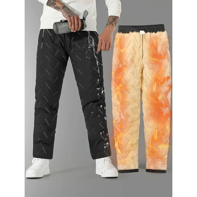 Men's Casual Polyester Lambswool Pants Winter Solid Color Regular Mid-waist Thick Warm Trousers Polyester Lining Parka Pants Man