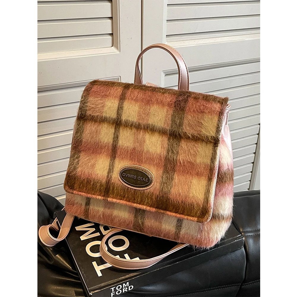 Vintage Women Tweed School Bags Contrast Striped Flap Stachels Shoulder Bag Large Capacity Female Versatile Commute Square Packs