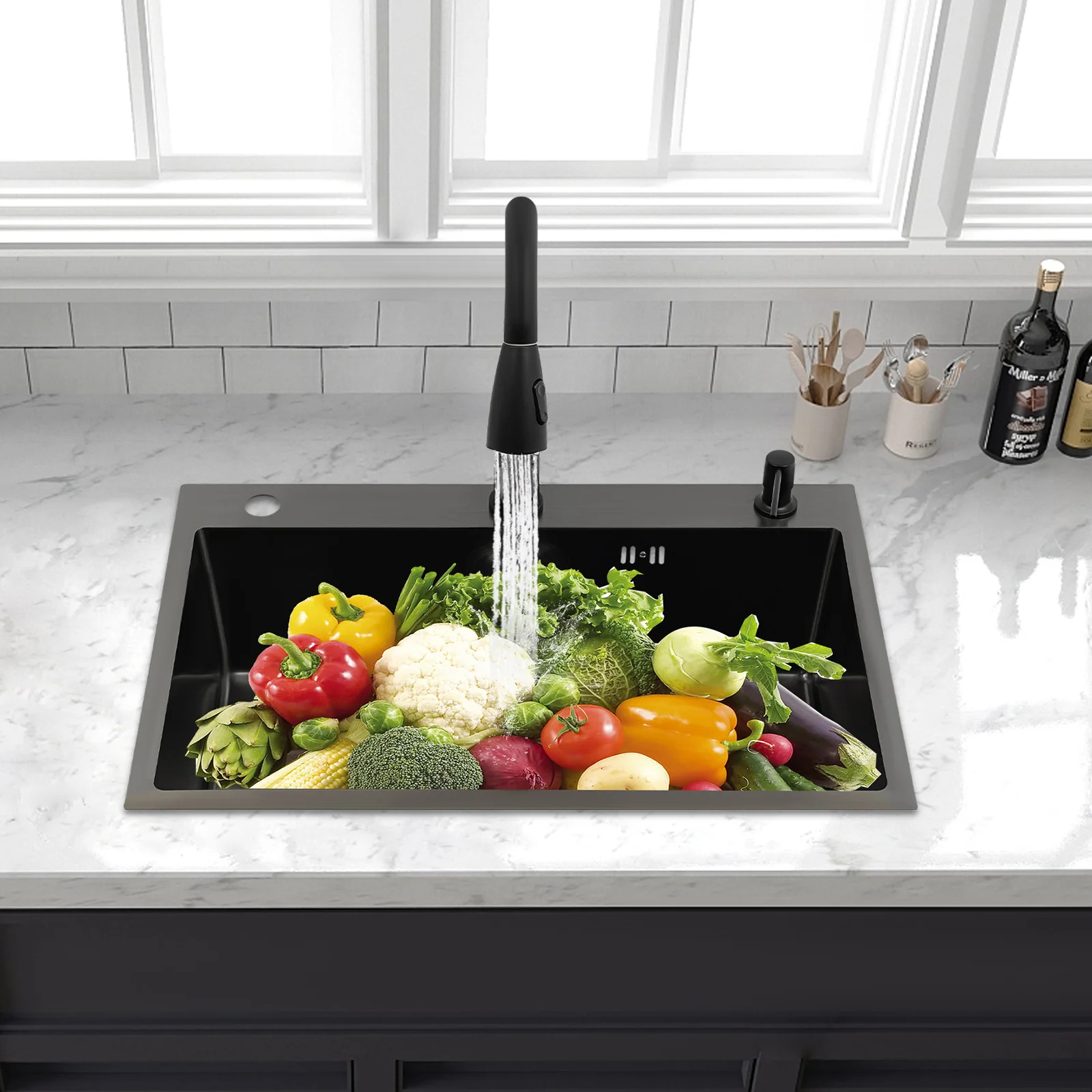 Black Kitchen Sink Set W/Pull Out Faucet - 68x45CM Wash/Cut/Drain in One Full Set Nano Stainless Steel Sink