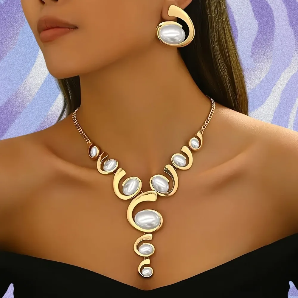 

Fashion Alloy Necklace Earrings Set Geometric Oval Bohemian Style Spiral Snail Clavicle Chain Adjustable Charm Bridal Jewelry