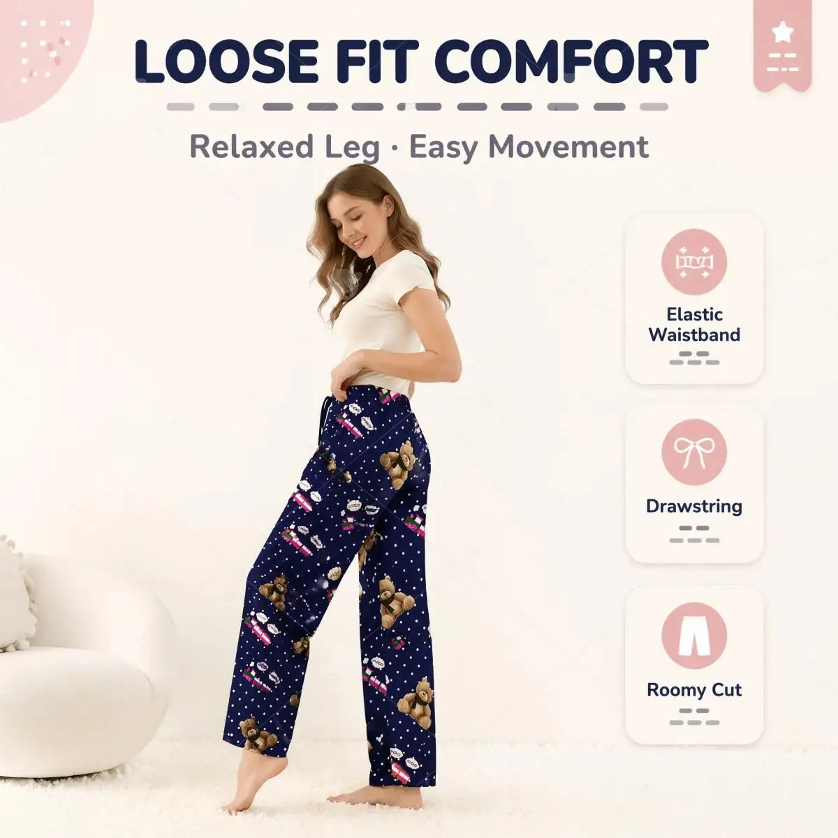 RUMI Same Style Pajama Pants, Bear & Choo-Choo Train Print Straight-Leg Trousers with Pockets, 160g Milk Silk Fabric