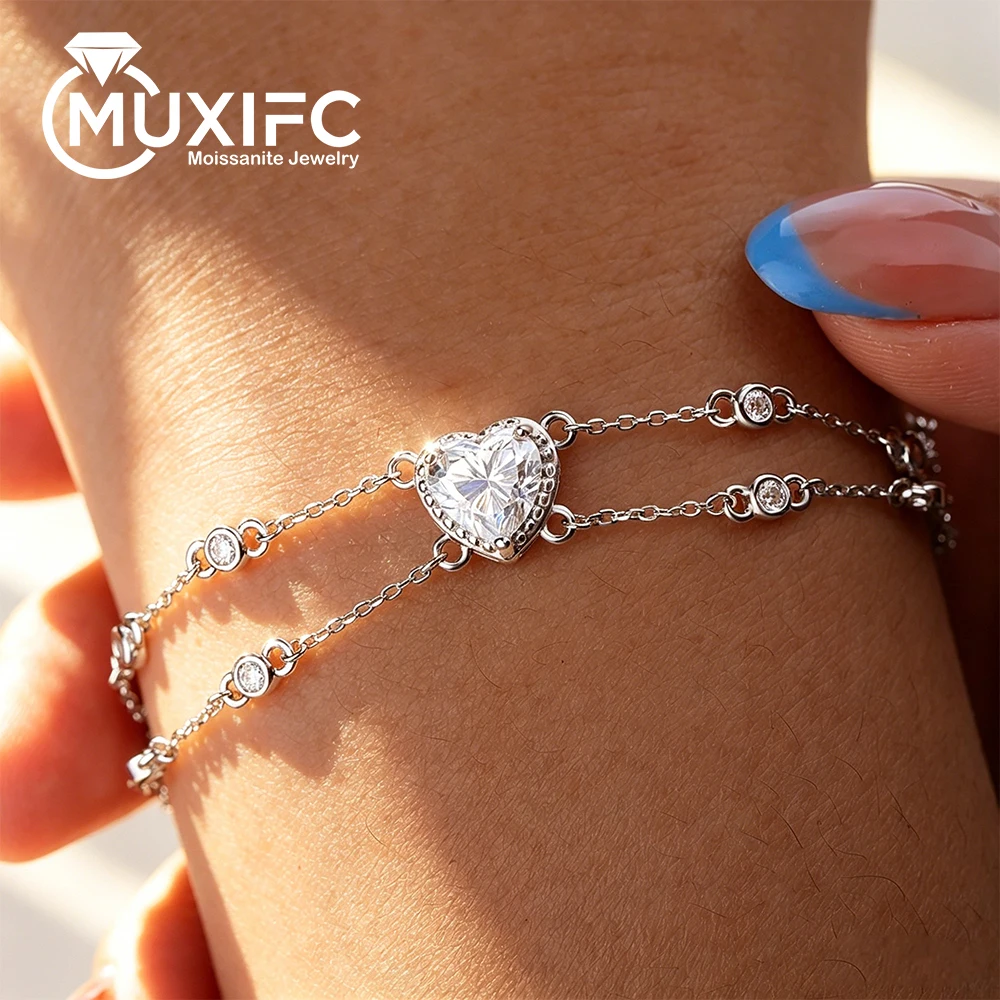 7mm Heart Cut Moissanite Double Chain Bracelets for Women 100% S925 Silver Charm Bracelet Wrist Chain Adjustable Fine Jewelry
