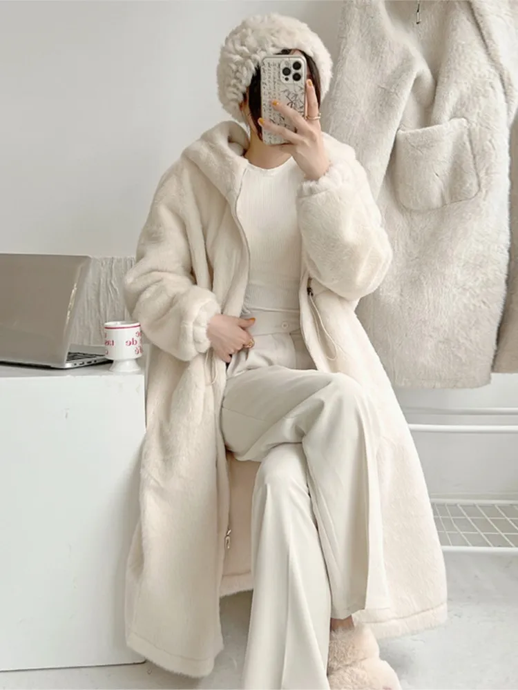 2024 Spring Winter Women\'s Thickened Warm Teddy Jacket Beige White Hooded Coat Female Long Sleeve Faux Mink Fur Jacket Overcoat