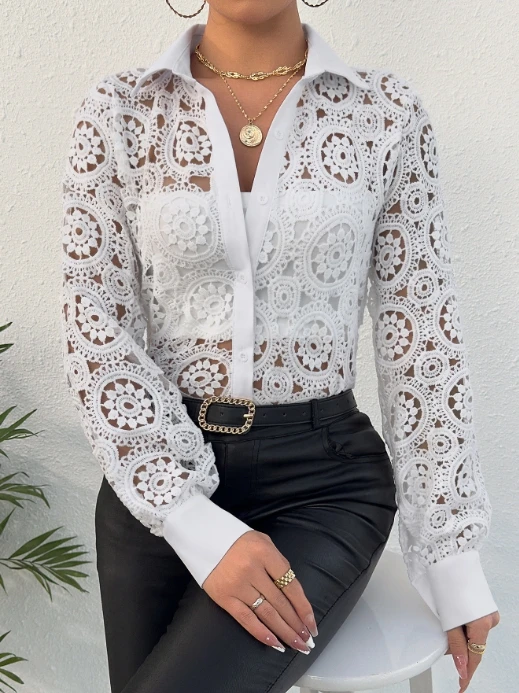 

Женская блузка с длинным рукавом, однотонная кружевная рубашка с V-образным вырезом, весна-лето 2024