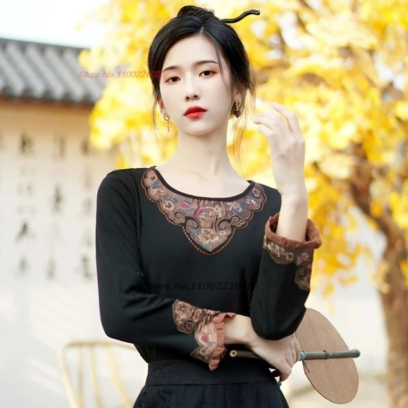 

2024 national flower embroidery base shirts women o-neck shirt chinese vintage hanfu tops oriental ethnic streetwear folk shirt