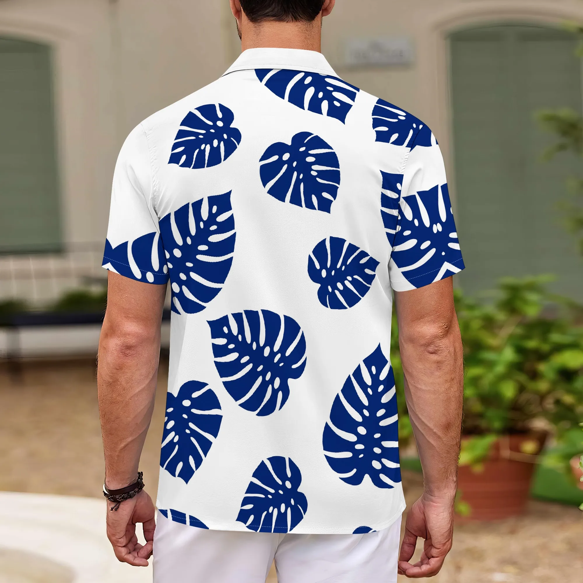 YEAE Blue Monstera Leaf Pattern Shirt for Men Summer Casual Short Sleeve Top