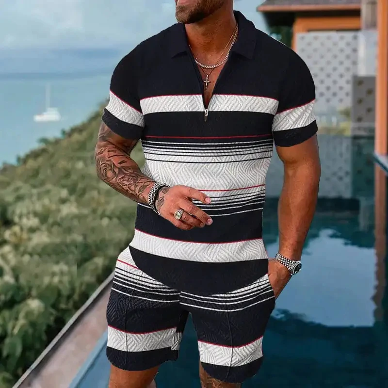 

Vintage Casual Striped 3D Print Polo shirt 2pcs Set Zipper Lapel Polo Sets Zipper Collar+Shorts Hawaii Holiday Style Man Clothes