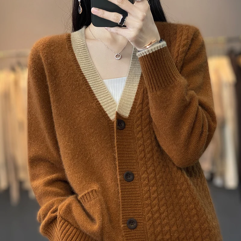 Korean V-Neck 100% Pure Wool Knitted Cardigan Jacket Women\'s 2023 Autumn Winter New Loose Thicken Warm Cashmere Sweater Coat Top