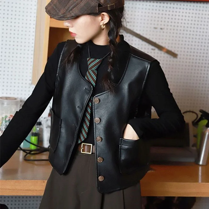 Spring Autumn Ladies PU Leather Vest Top Retro Women Fashion Leisure Waistcoat Design Sense Niche Female Faux Leather Sleeveless