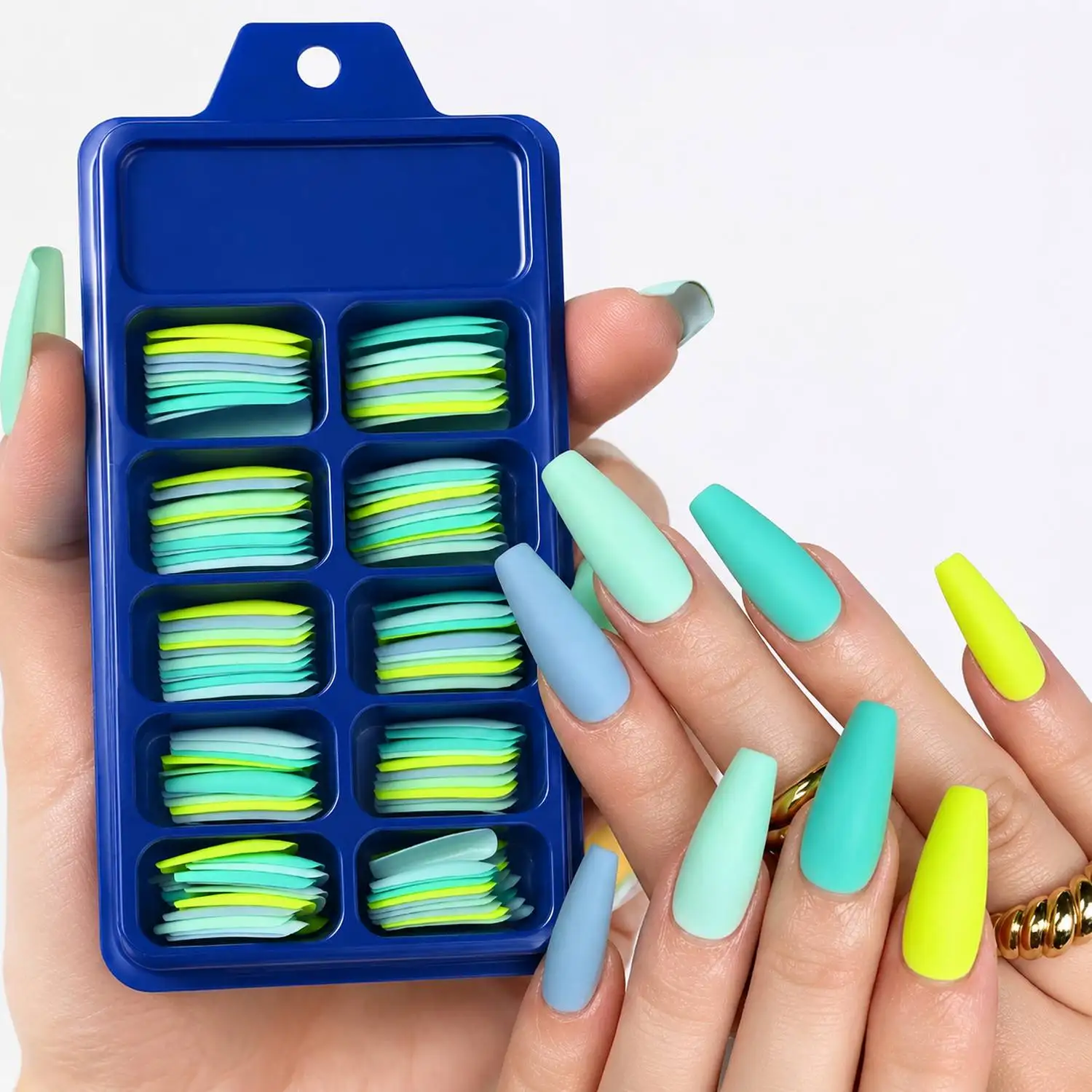 

1Box Ombre Green Blue Long Trapezoid Press On Nail Ombre Blue Long Trapezoid Fake Nail Art Style Long Trapezoid False Nail