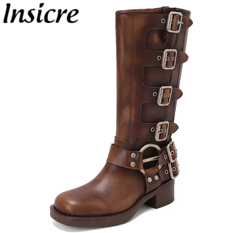 

Insicre 2023 Fashion Women Mid Calf Boots Full Genuine Leather Round Toe Thick Heels Buckle Punk Top Quality Autumn Shoes