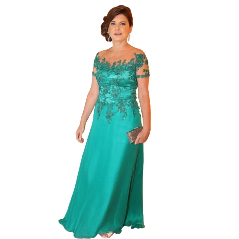 

Teal Floor-Length Mother of the Bride Dress Lace Appliqué Sheer Neckline Short Sleeves Turquoise Green Kurti vestido de madrinha