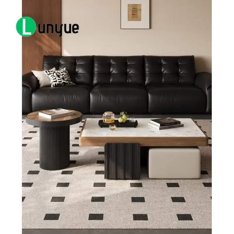 Modern Imitation Marble Coffee Table Set Wooden Frame Height Adjustable Lightweight Durable Convertible Combo for Living Room