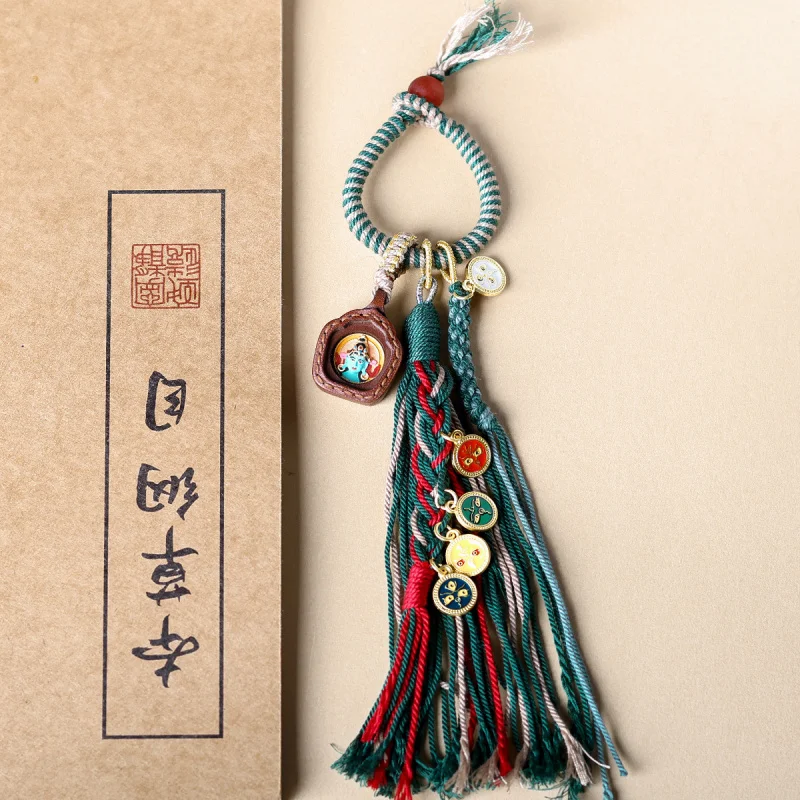 Car Pendant Ornaments Cowhide Hand-Painted Hand-Woven Five Gods of Wealth Car Hanging Crafts Bag Key Chain Car Accessories