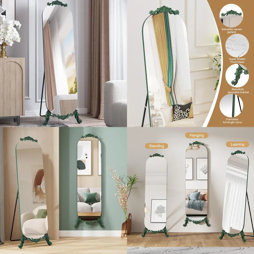 Suporte de espelho arqueado de comprimento total esculpido gótico elegante vintage 61,5 H x 20 W, espelho de parede grande, estilo decorativo moderno verde