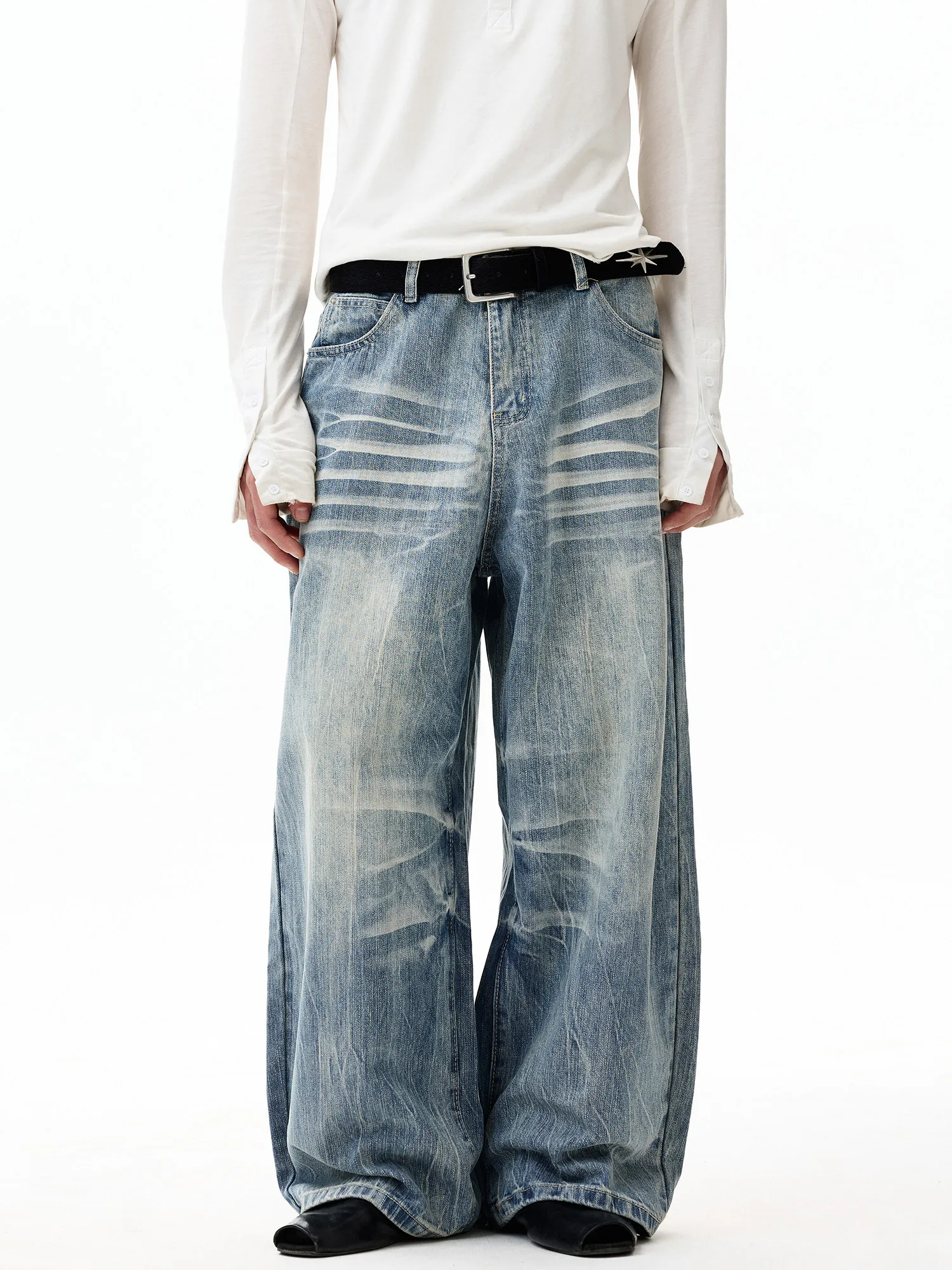 

Retro American Straight Leg Jeans Men Women Casual Loose Wide Leg Long Pants Distressed Natural Waist Denim Jeans