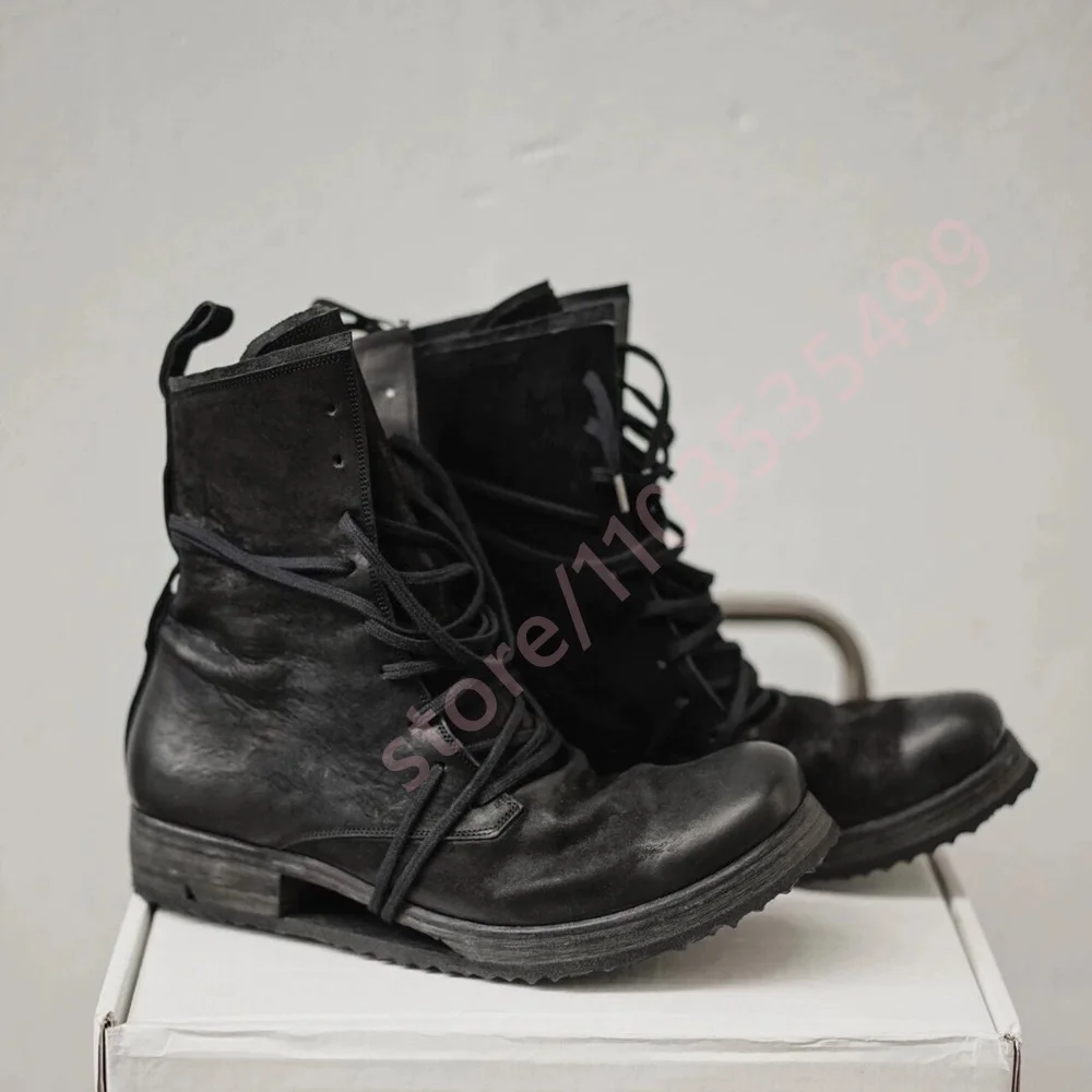 2026 Vintage Black Distressed Ankle Boots for Men Lace-up Combat Boots with Low Heel Fashion Gothic Boots for Casual Daily Wear