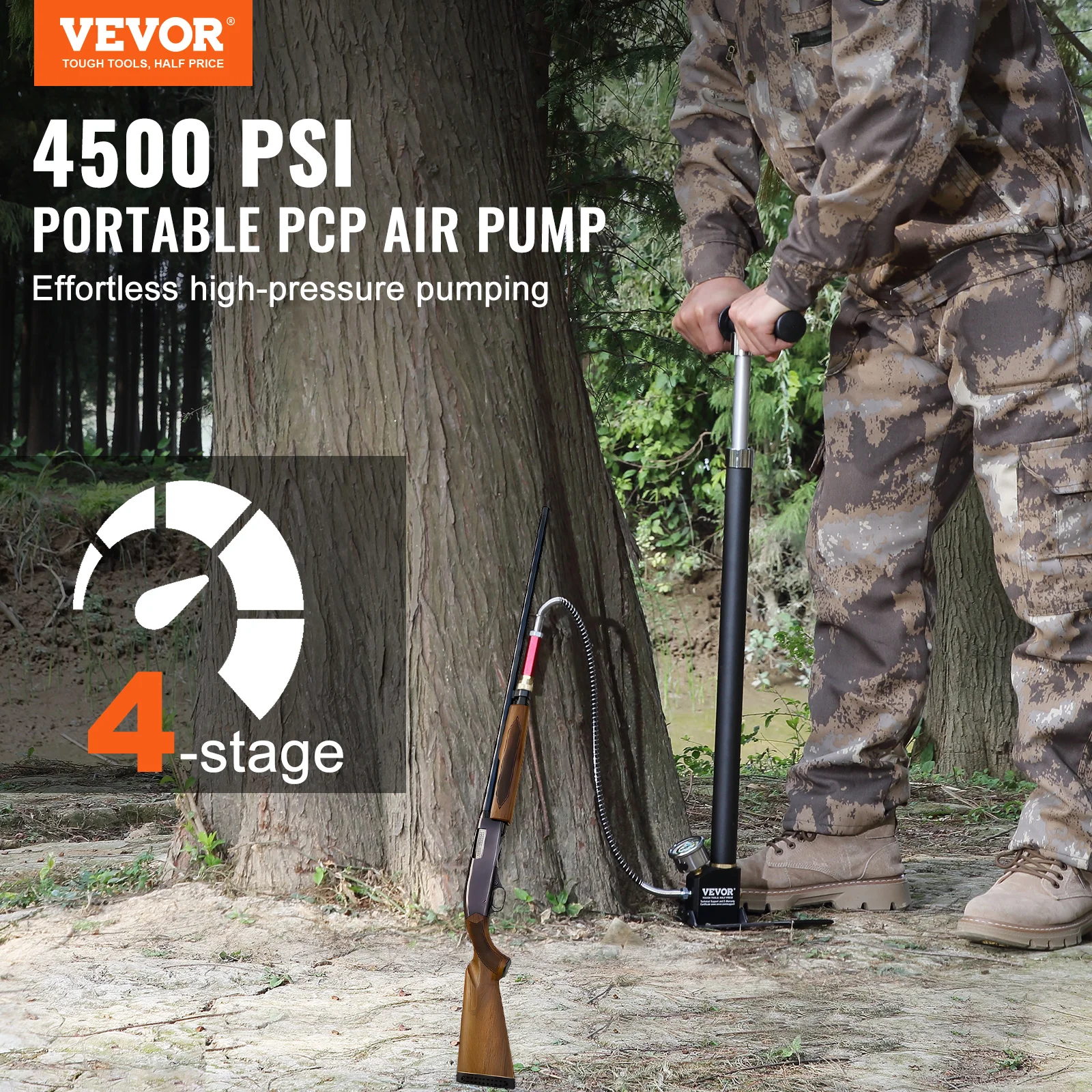 VEVOR PCP Hand Pump 4 Stage 30Mpa 4500PSI High Pressure PCP Air Rifile Filling Stirrup Pump for Airguns, Paintball Filling, Tire