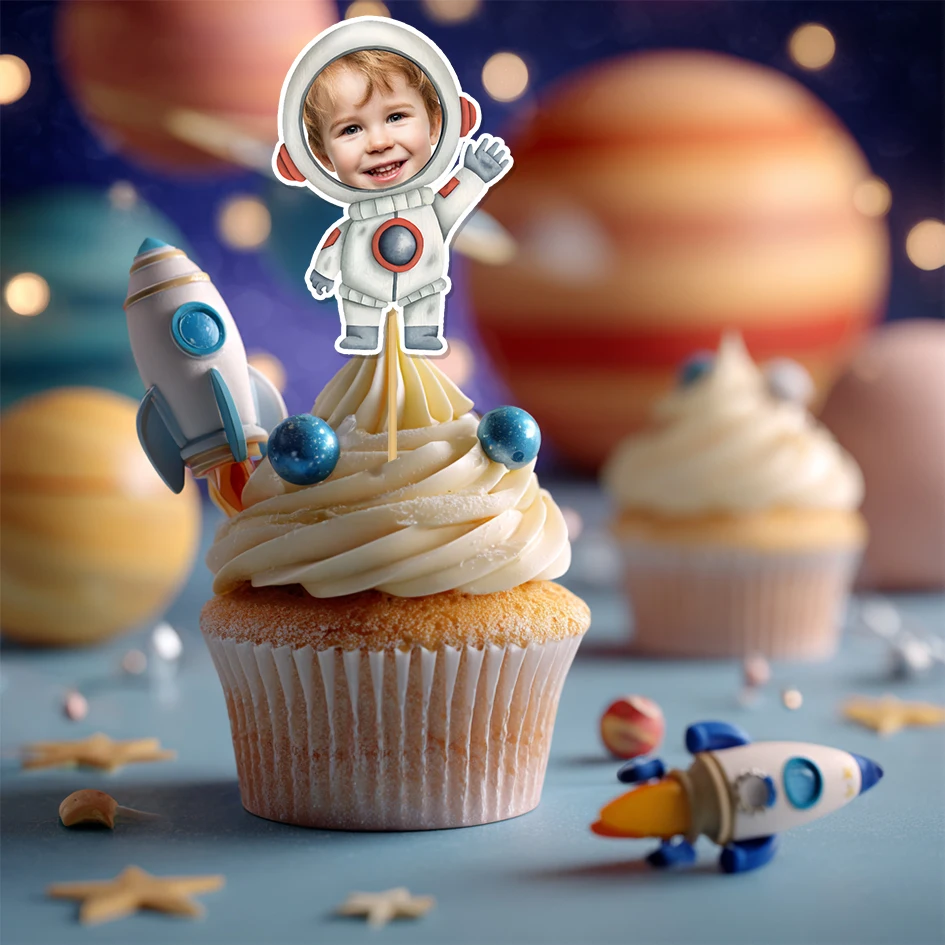 6/12/24 Stück benutzerdefinierte Astronaut Gesicht Foto Kuchen Topper Astronaut Rakete Muster Kuchen Dekor Weltraum Thema Party Dekorationen