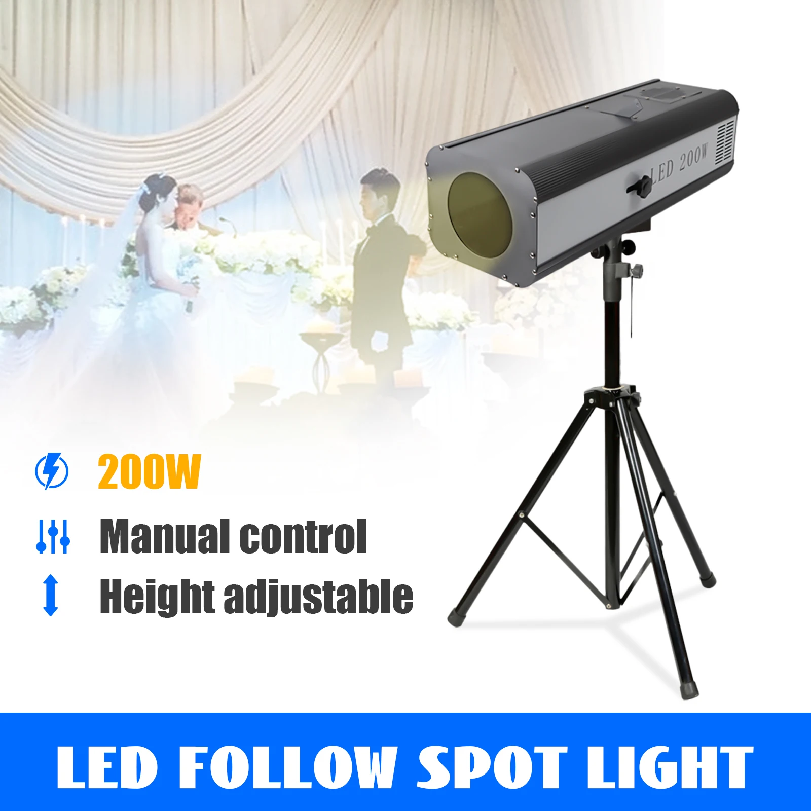 

200W LED Follow Spotlight with Tripod Stand, Adjustable Height 1.17-2.01m, Multiple Color Options for Indoor/Outdoor Use