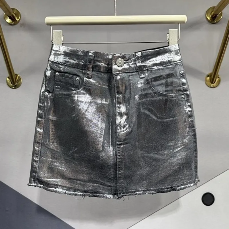 2024 Summer New Wrap Hip Skirt Versatile Slim Fit Short Skirt Irregular Gold Plated Fashion Denim Skirt