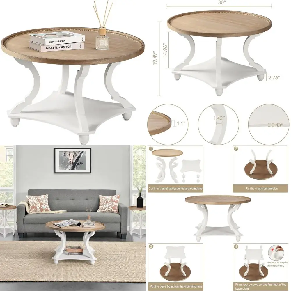 

Rustic Circle Coffee Table with Storage Shelf, Wooden Tray Top for Living Room and Dining Area