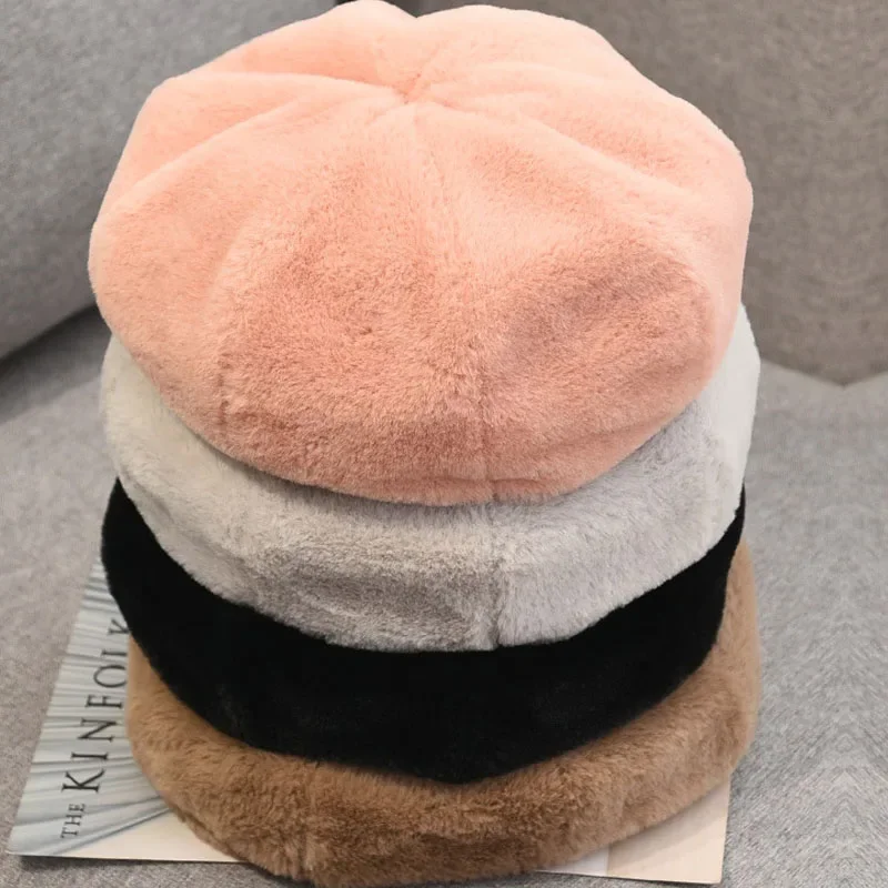 Girls Retro Rabbit Fur Beret Autumn Winter Warm Hat Women Fashion Pure Color Plush Berets Hat Female Elegant Painter Cap Gorras