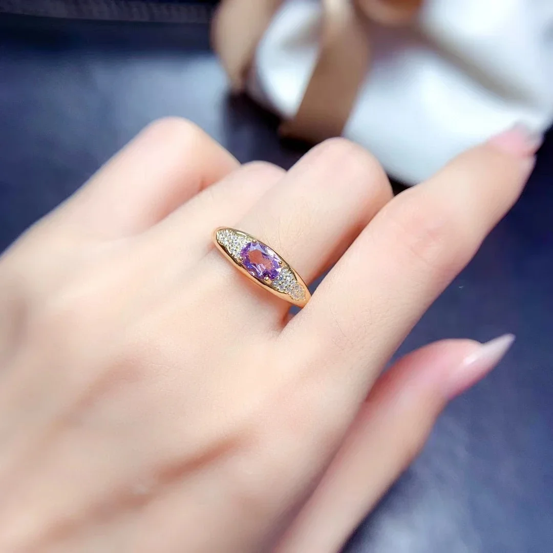 Solid 925 Silver Light Purple Amethyst Silver Ring 5mm*7mm 0.7ct Natural Amethyst Ring with 3 Layers 18K Gold Plating