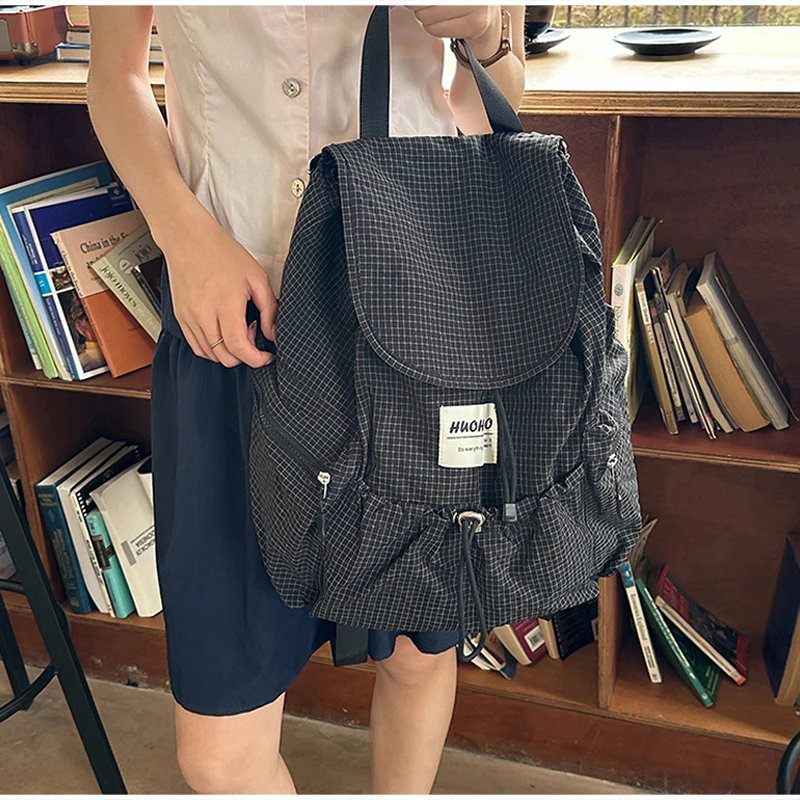 Modischer Rucksack, koreanischer Karo-Rucksack mit Kordelzug für Studenten, Unisex-Schultasche, leichter Damenrucksack mit großer Kapazität – Detail 11