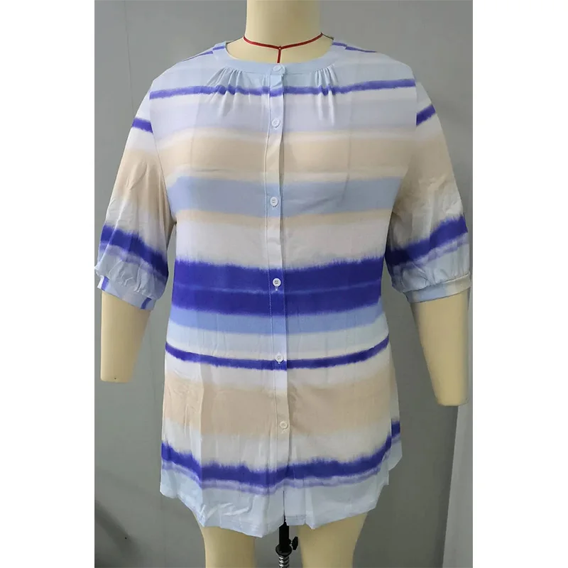 

Plus Size Tie Dye Three Quarters Sleeve Decorative Button Blouse