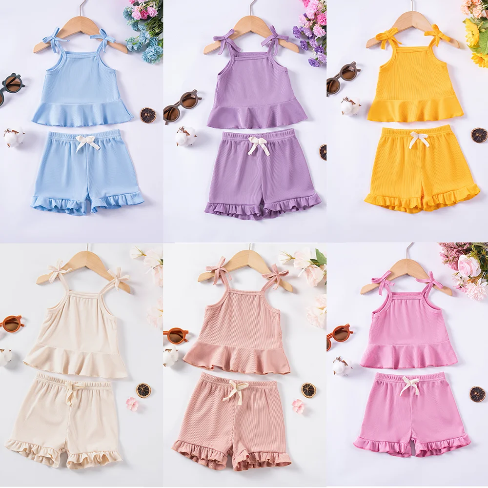 2pcs Baby Toddler Summer Set Solid Color Children's Clothes Sweet Bow Camisole Top + Wooden Earring Shorts Soft and Comfortable