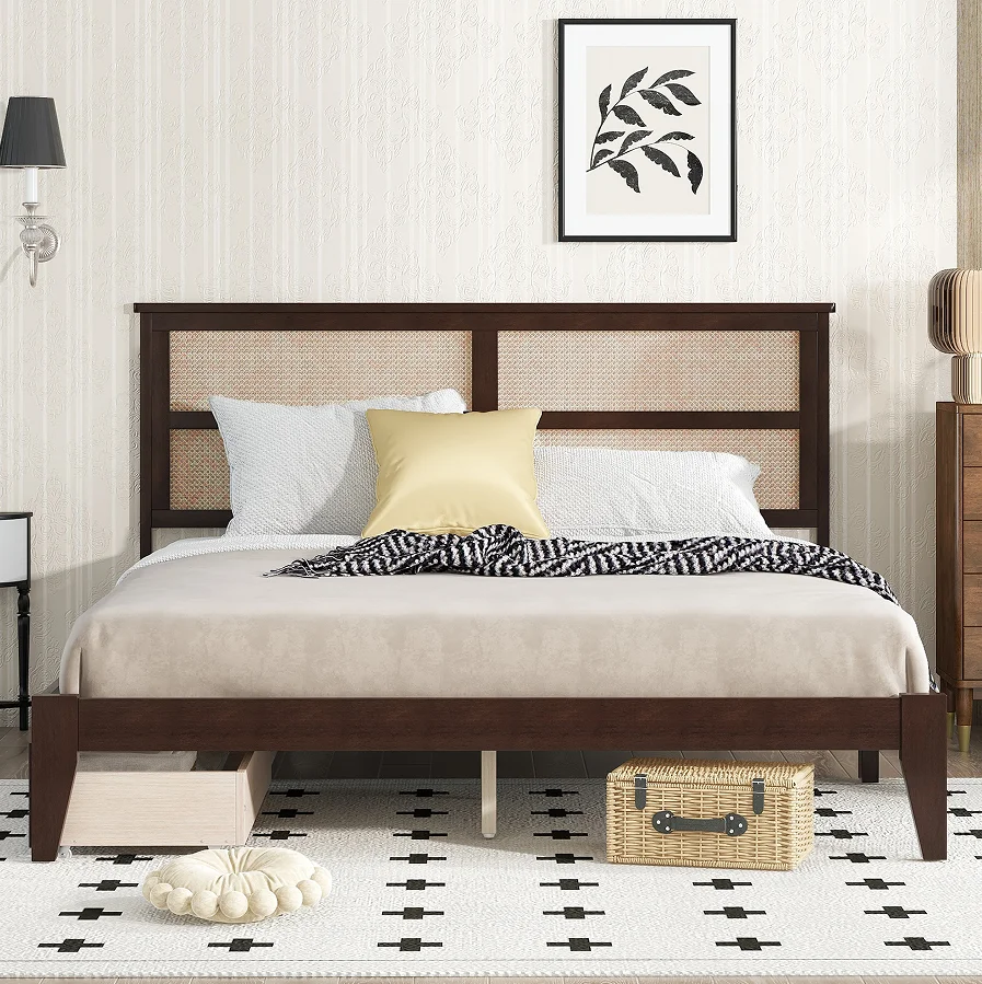 #Modern King Size Adjustable Bed With Rattan Headboard Two Storage Drawers