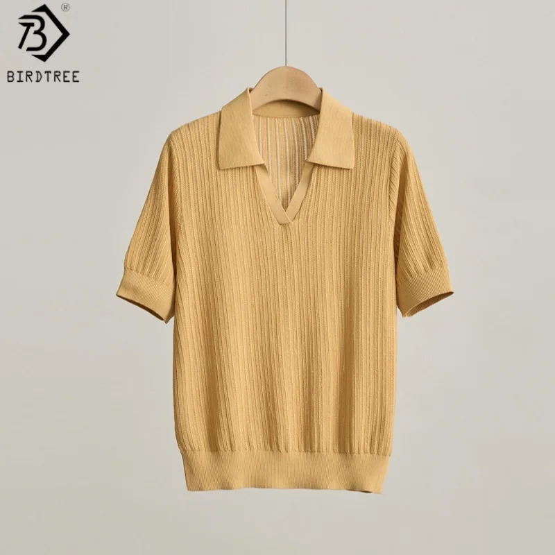 Birdtree, 30% Silk 70% Cotton Solid Tshirt, Polo Neck Short Sleeve Tops, Women's Knitted Thin Shirt, 2026 Summer New T64625JF