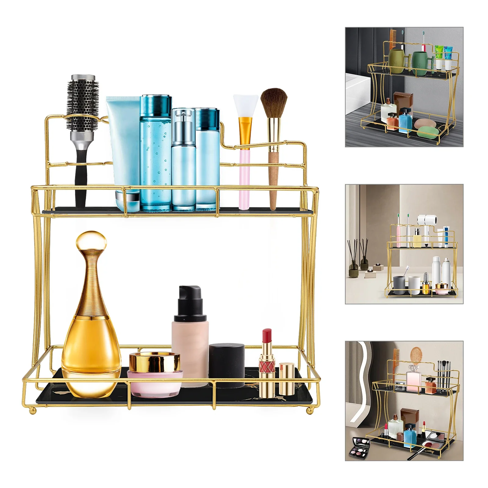 

High-Quality Glass and Iron Makeup Organizer, Gold Color, 2-Tier Design for Brushes, Combs, and Toothbrushes, Modern Bathroom