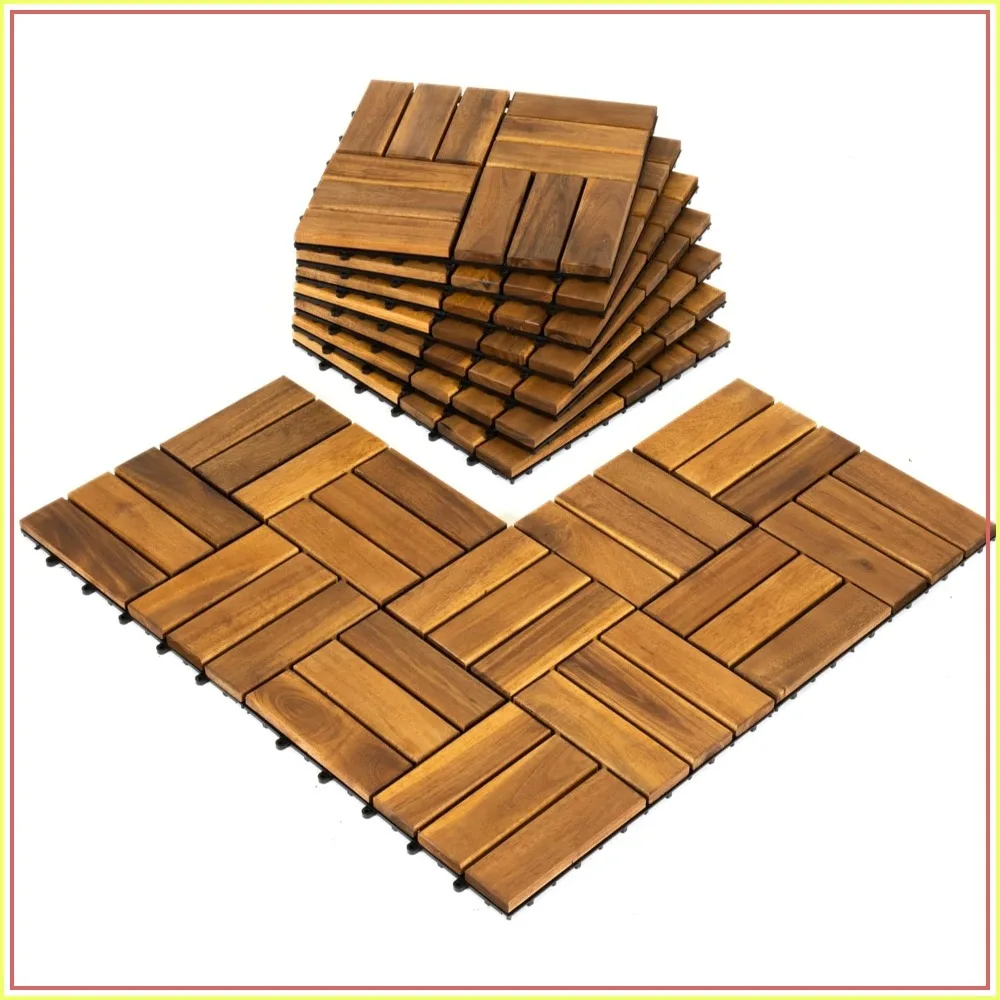 12x12 Interlocking Acacia Wood Deck Tiles, 10-Pack for Patio, Balcony, Poolside