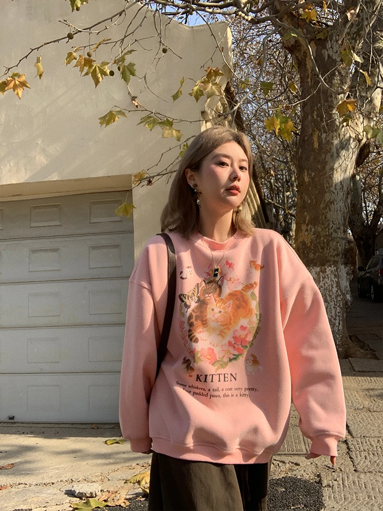 

Thiened Fce Hoodie Women's round Ne Printed Sweatirt Lazy Design Winter Warm Long Sve Polyester Cot...